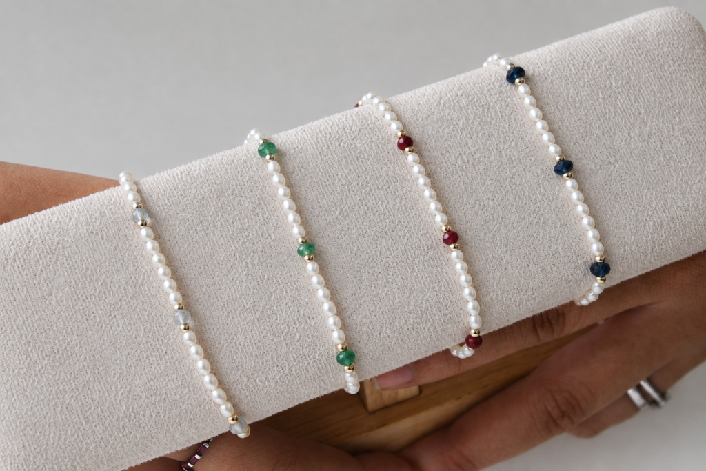 Pulsera de Piedras Naturales y Perlas en Plata 925 y Oro 14K