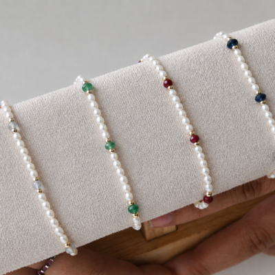 Pulsera de Piedras Naturales y Perlas  en Plata 925 y Oro 14K