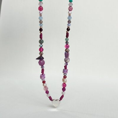 Collar Corazón 3D con Cristales en Plata 925 con ágatas, cristales de colores y cadena ajustable
