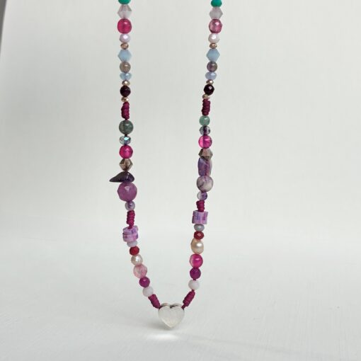 60 Collar Corazón 3D con Cristales en Plata 925 con ágatas, cristales de colores y cadena ajustable