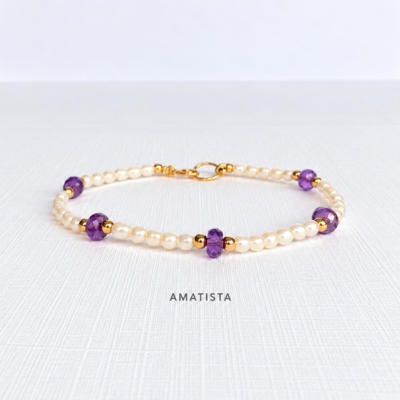 Pulsera de Piedras Naturales y Perlas  en  Oro 14K