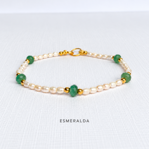 Emerald Pearl Bracelet on White Pulsera de Piedras Naturales y Perlas en Oro 14K