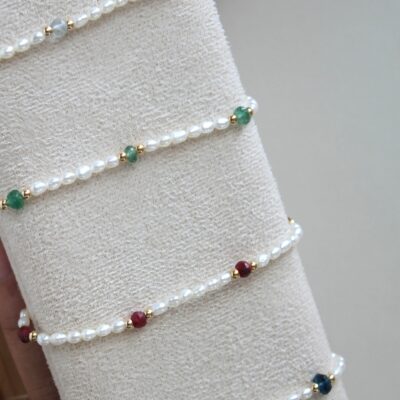 Pulsera de Piedras Naturales y Perlas  en  Oro 14K