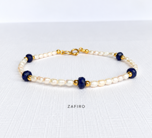 Zafiro Pearl and Sapphire Bracelet Pulsera de Piedras Naturales y Perlas en Oro 14K